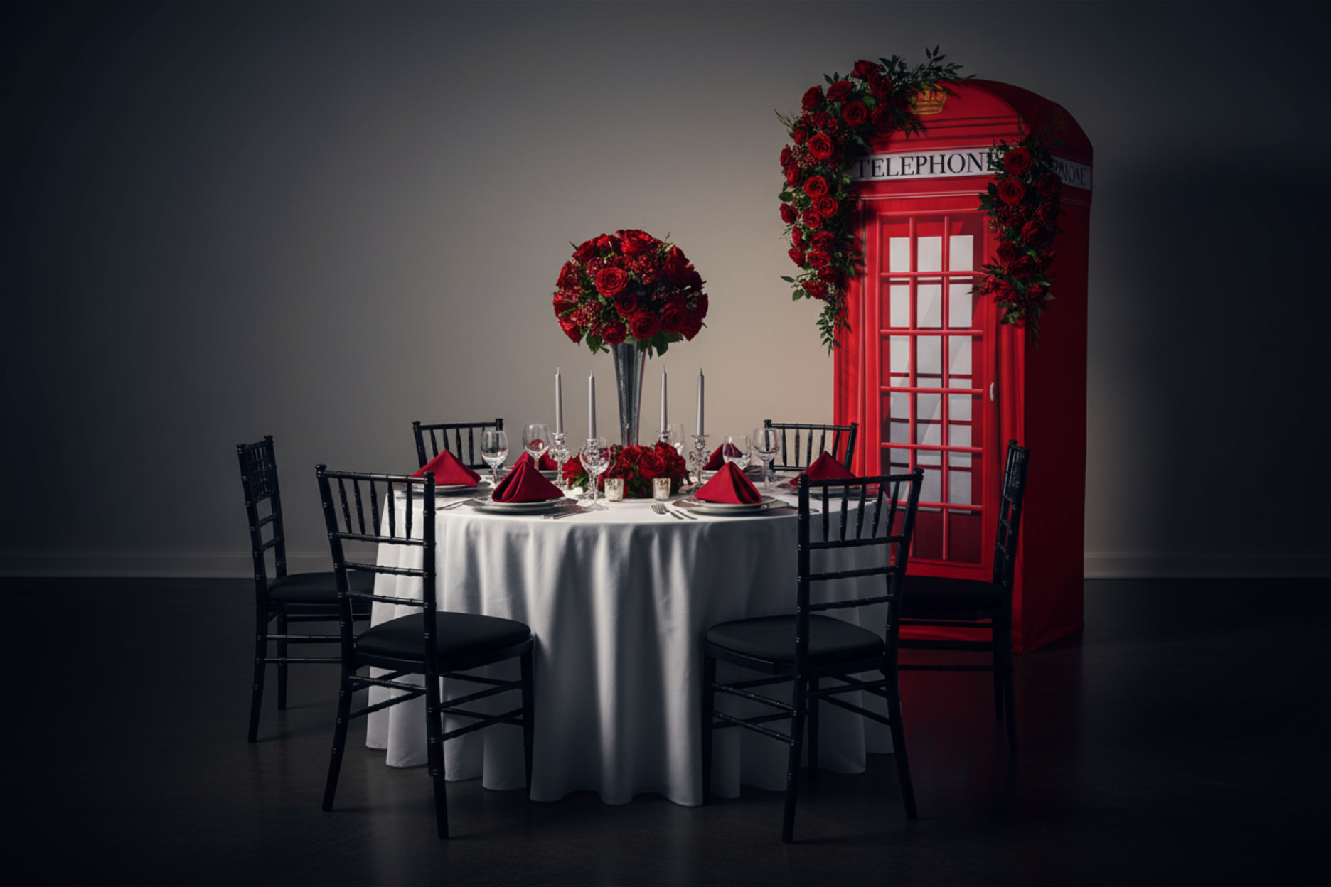 anniversary setup with 3D Telephone Booth Aluminum Frame Stand and Red Telephone Booth Printed Backdrop Spandex Cover
