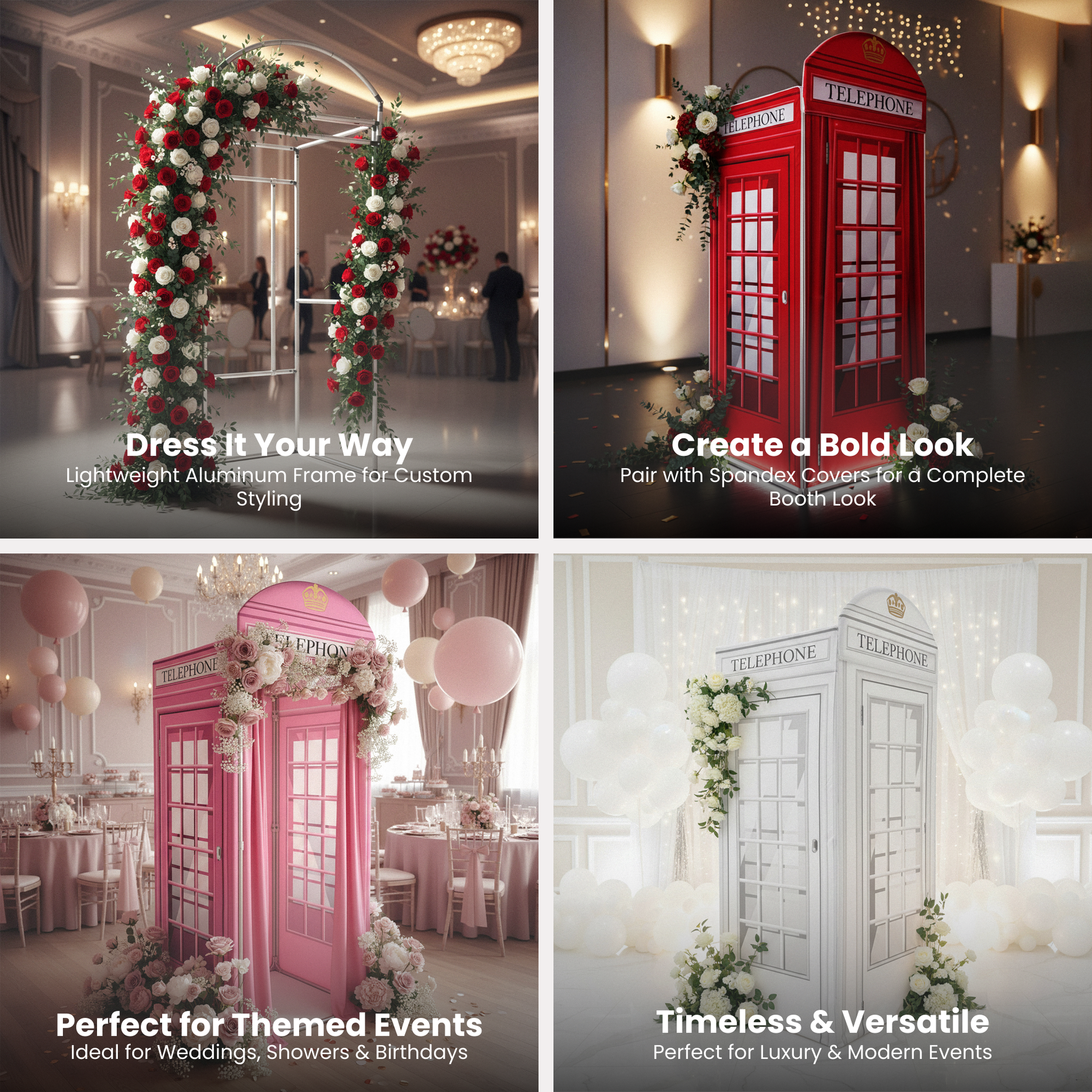 3D Telephone Booth Aluminum Frame Stand shown with florals or telephone booth spandex covers
