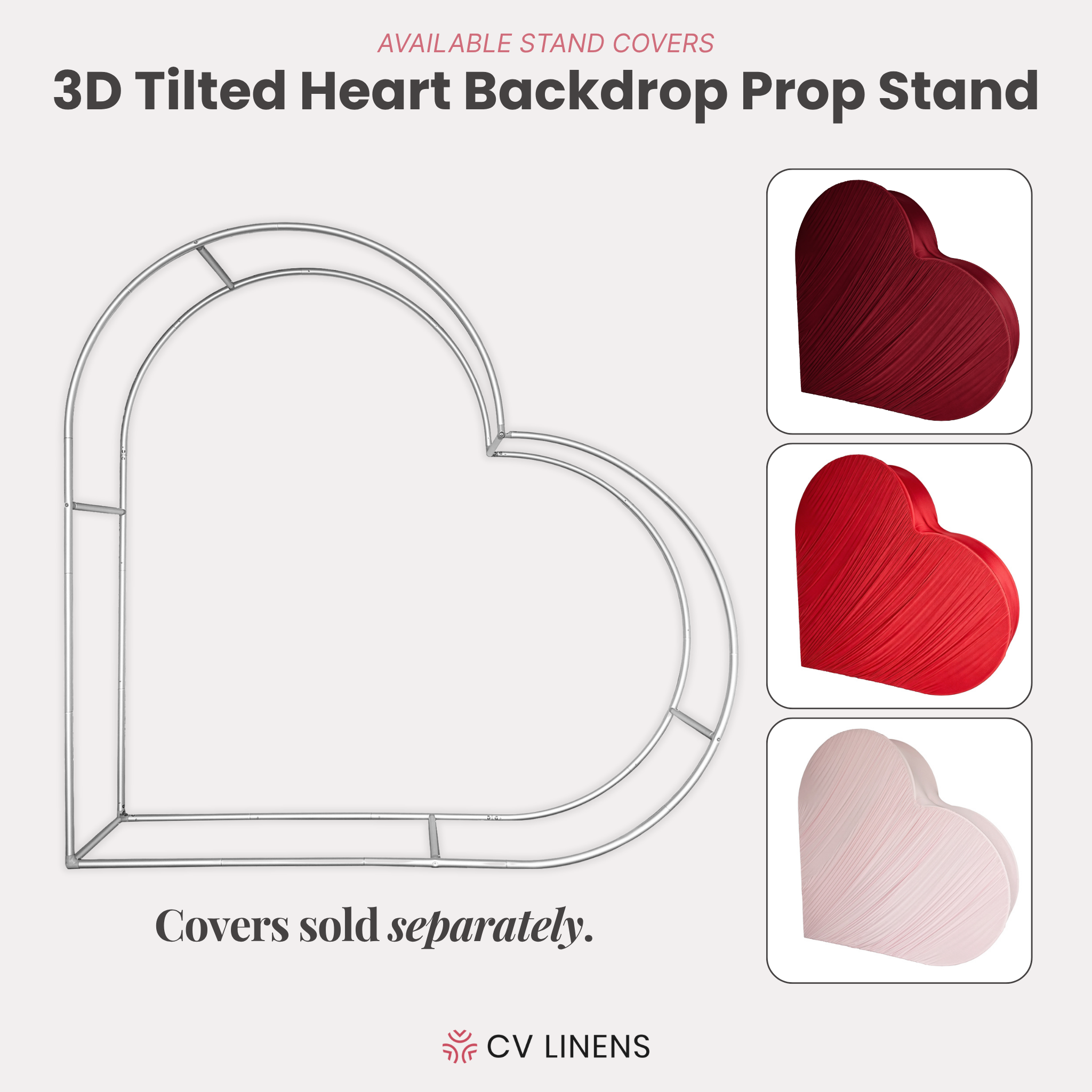 3D Tilted Heart Backdrop Prop Stand infographic showing availalbe covers (sold separately)
