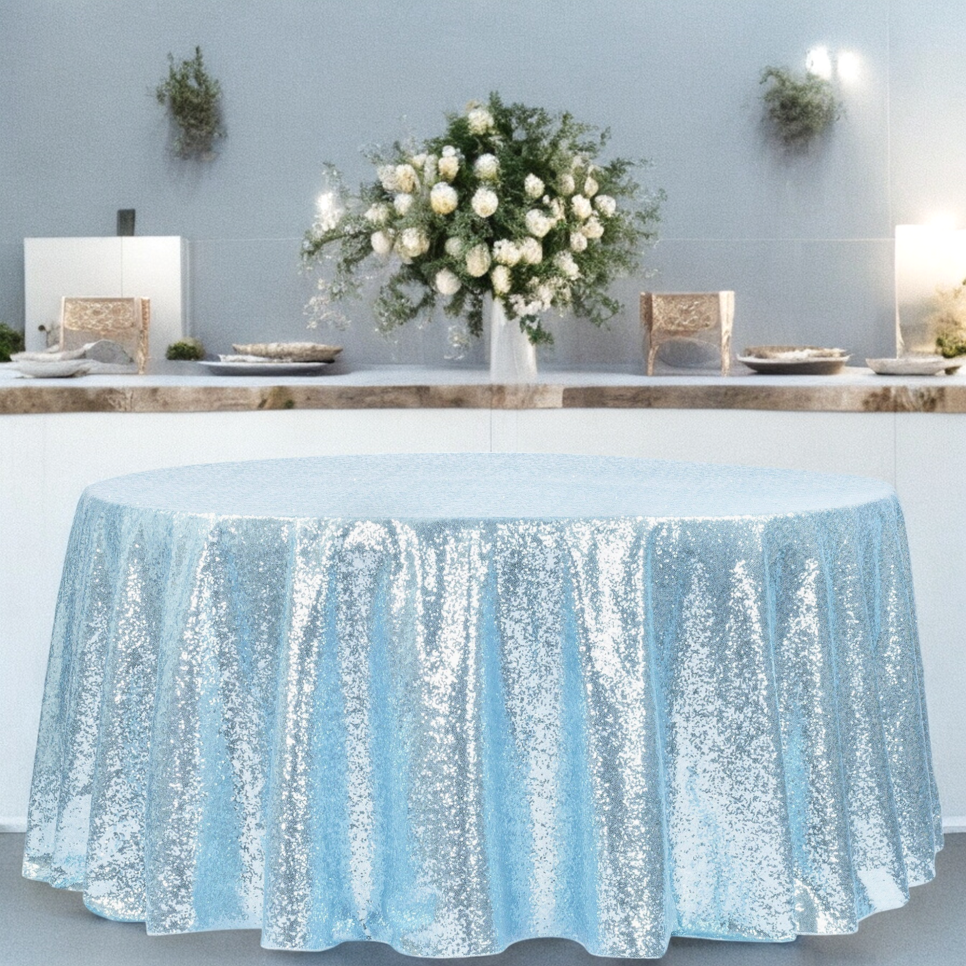 Glitz Sequins 120" Round Tablecloth - Baby Blue