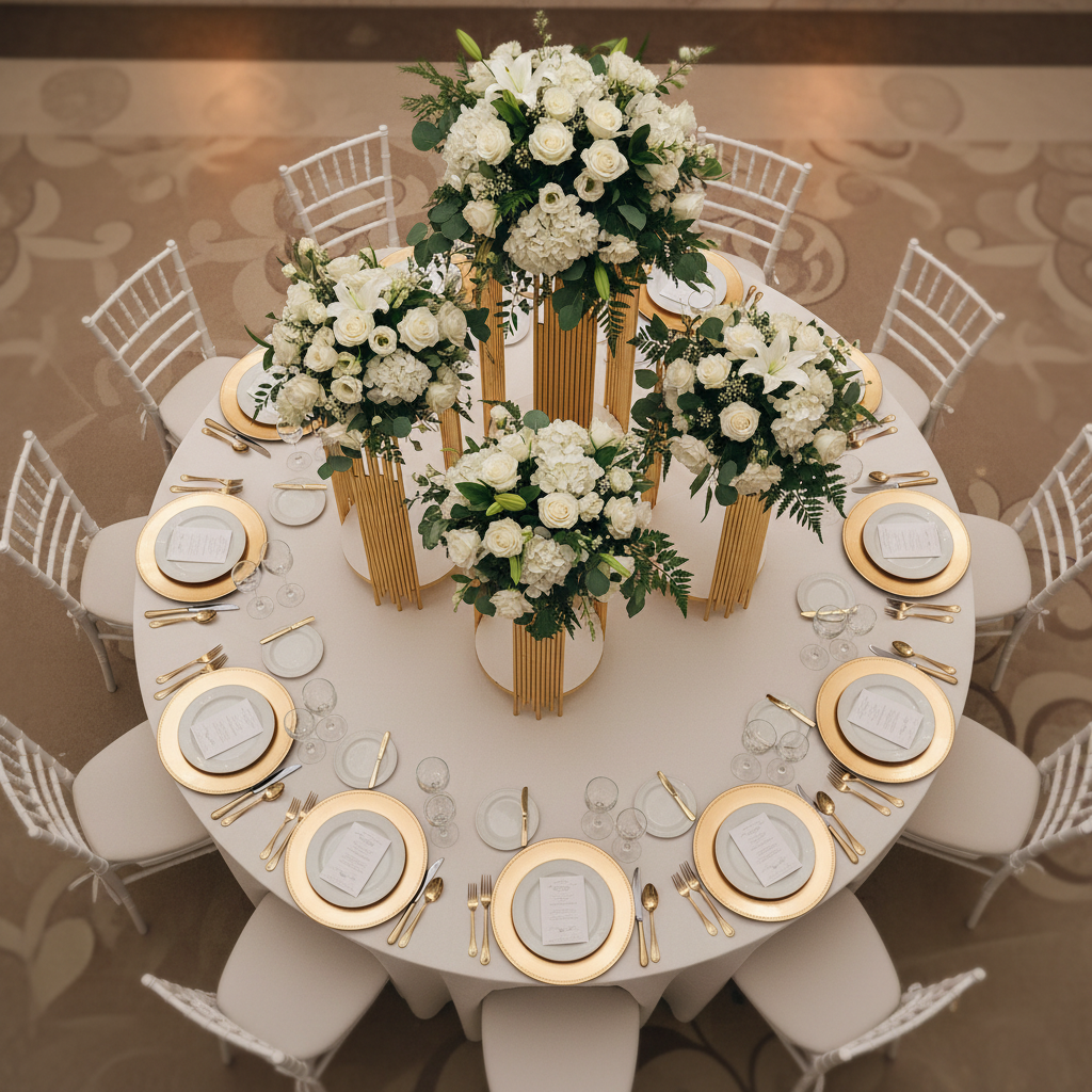 3 pcs of Gold Plinths Round Display Stand with Chiavari White Chairs.