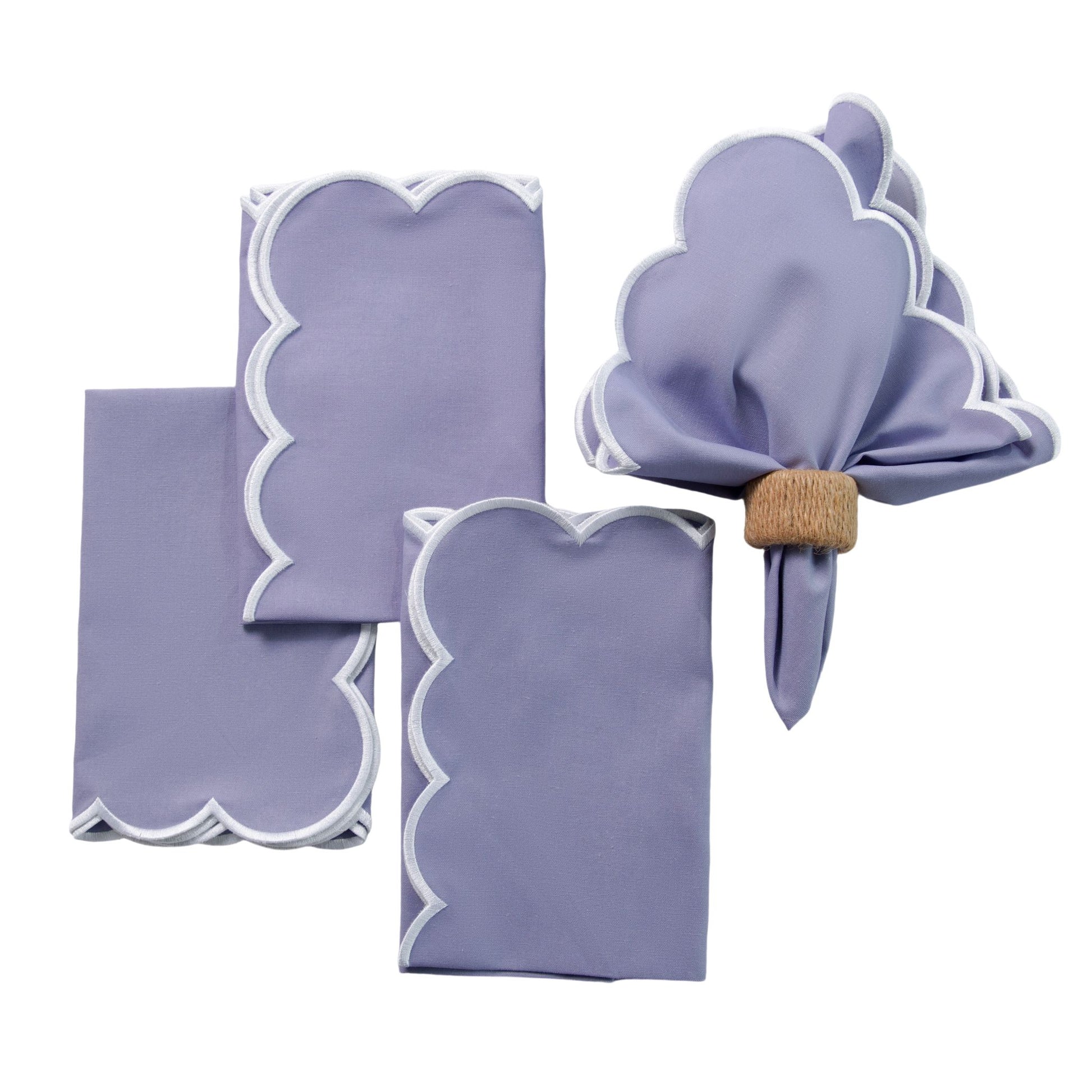 Scalloped Edge Linen Napkin Lavender White Trim Set of 4 