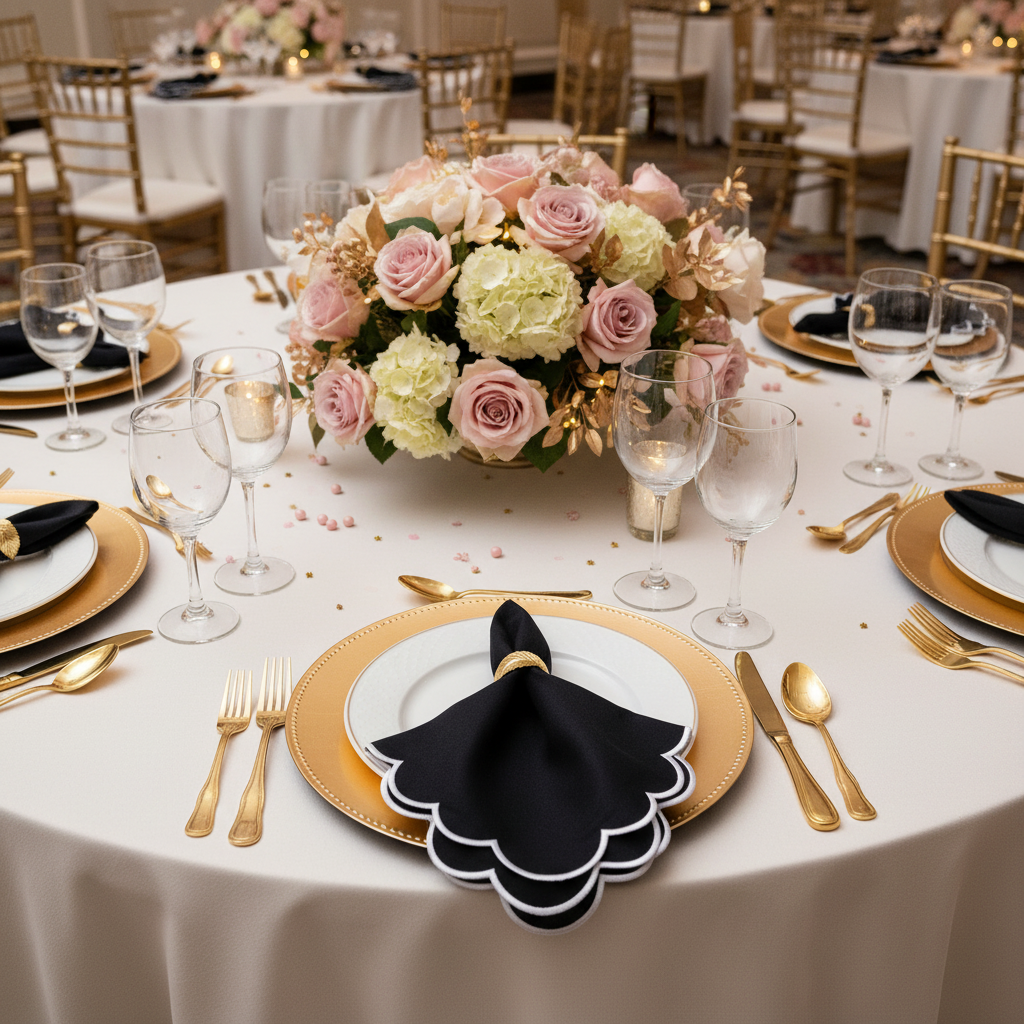 4 pc/pk Scalloped Edge Linen Napkin - Black/White Trim