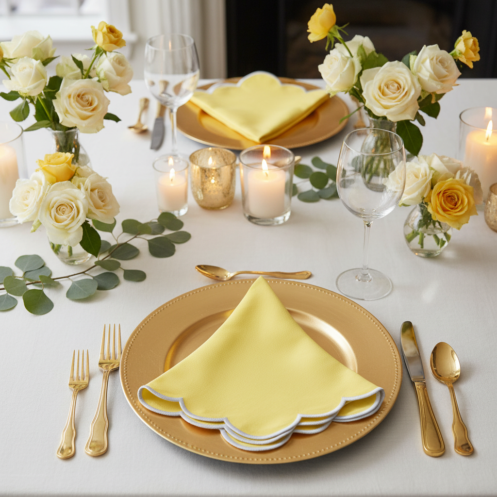 4 pc/pk Scalloped Edge Linen Napkin - Pastel Yellow/White Trim