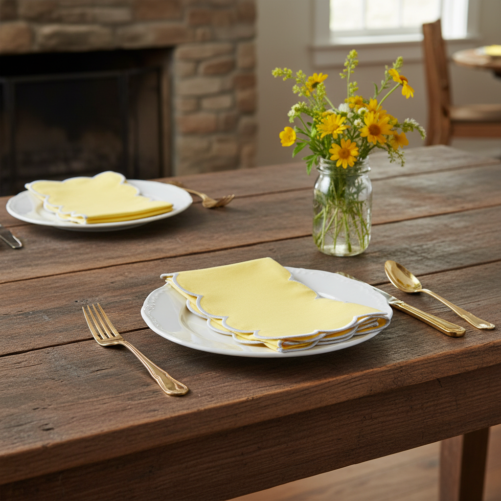 4 pc/pk Scalloped Edge Linen Napkin - Pastel Yellow/White Trim