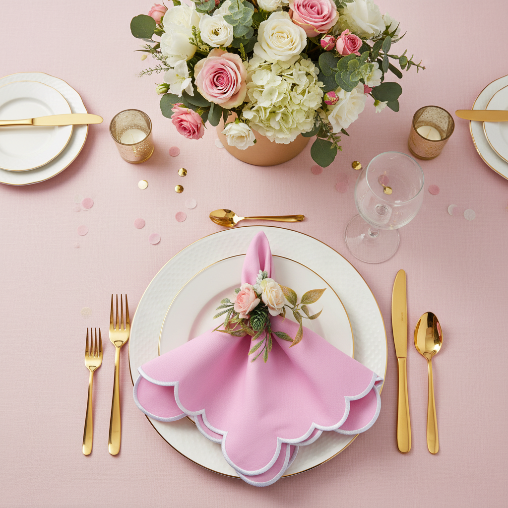 4 pc/pk Scalloped Edge Linen Napkin - Pink/White Trim
