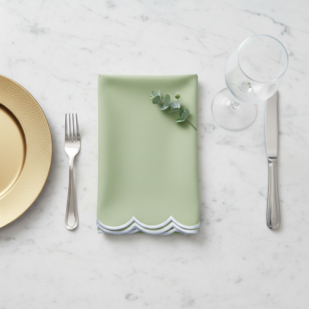 4 pc/pk Scalloped Edge Linen Napkin - Sage Green/White Trim