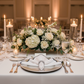 indoor wedding reception with 4 pc/pk Scalloped Edge Linen Napkin - White/Black Trim