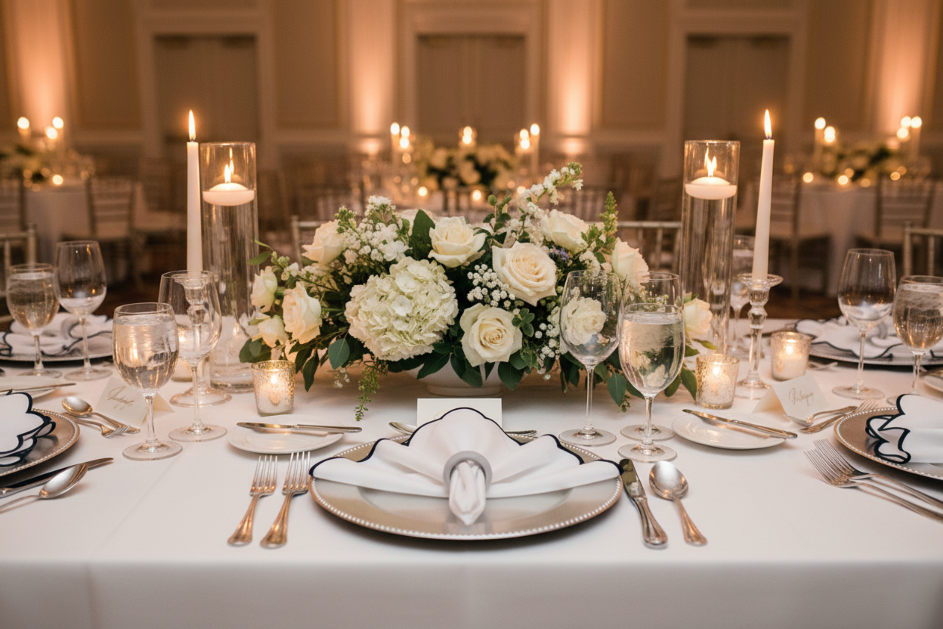 indoor wedding reception with 4 pc/pk Scalloped Edge Linen Napkin - White/Black Trim