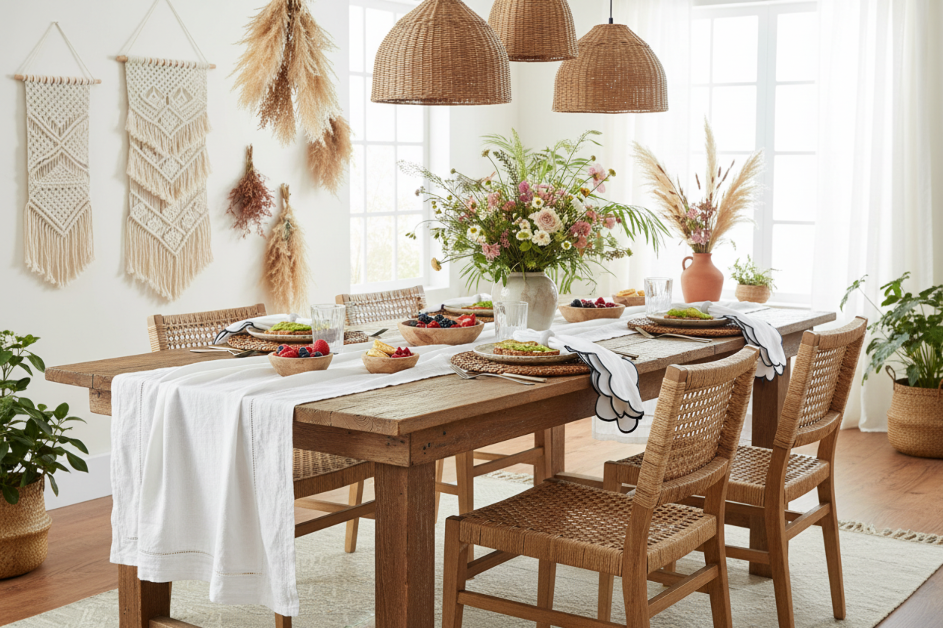 brunch setup with 4 pc/pk Scalloped Edge Linen Napkin - White/Black Trim