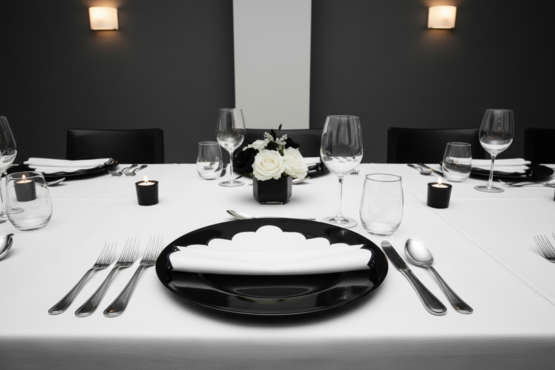 modern minimalist indoor reception with 4 pc/pk Scalloped Edge Linen Napkin - White/Black Trim