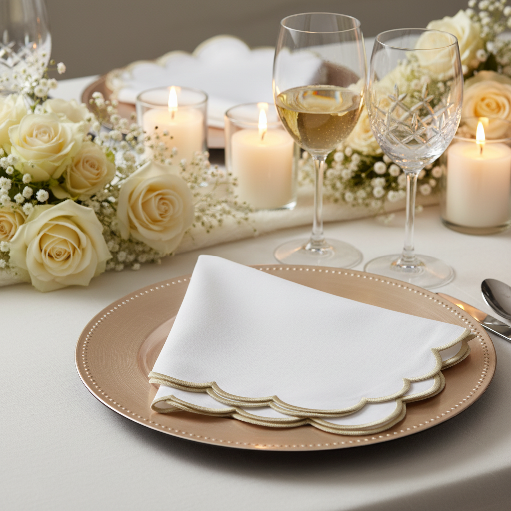 4 pc/pk Scalloped Edge Linen Napkin - White/Natural Trim