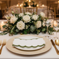 elegant wedding reception with 4 pc/pk Scalloped Edge Linen Napkin - White/Olive Green Trim