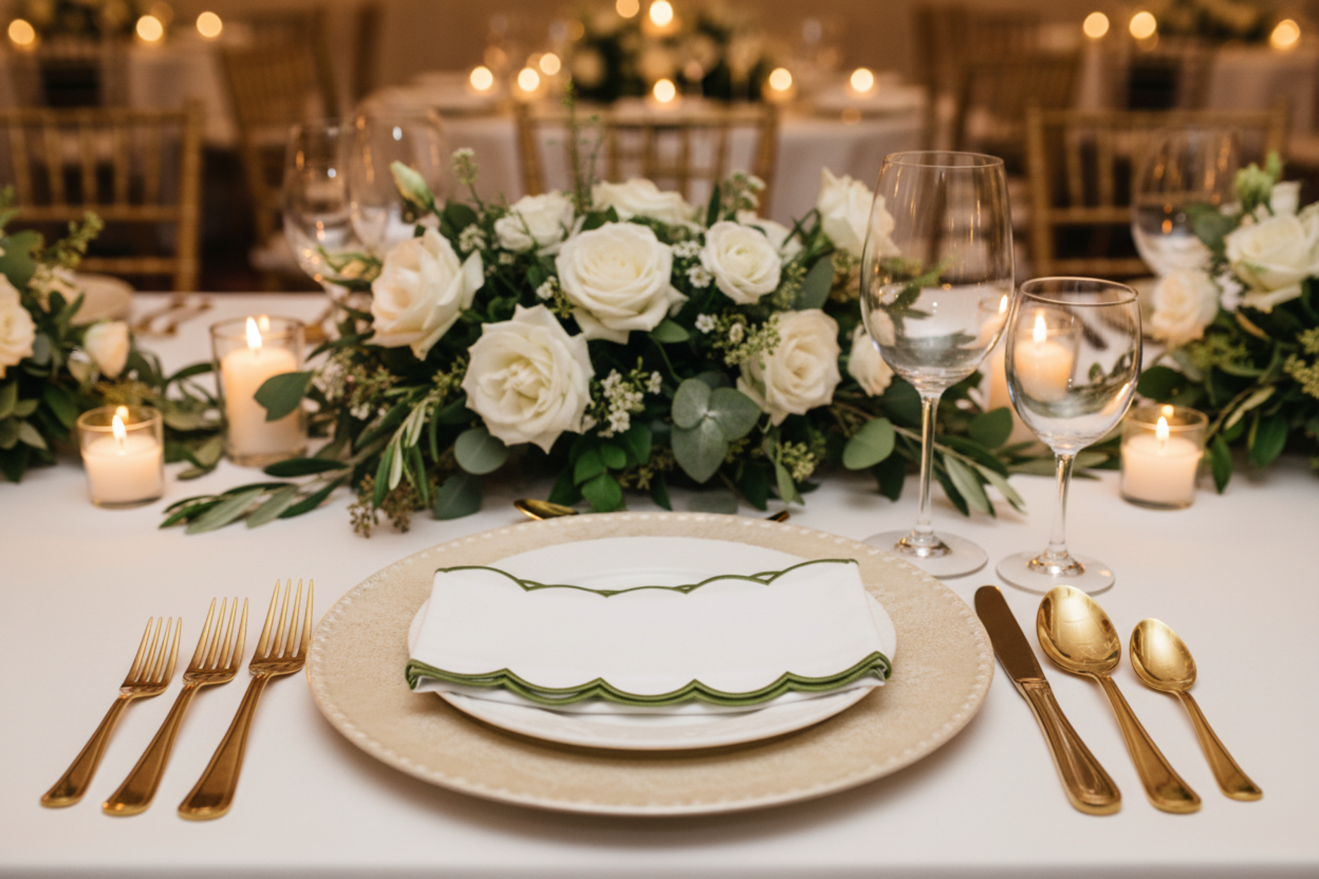 elegant wedding reception with 4 pc/pk Scalloped Edge Linen Napkin - White/Olive Green Trim