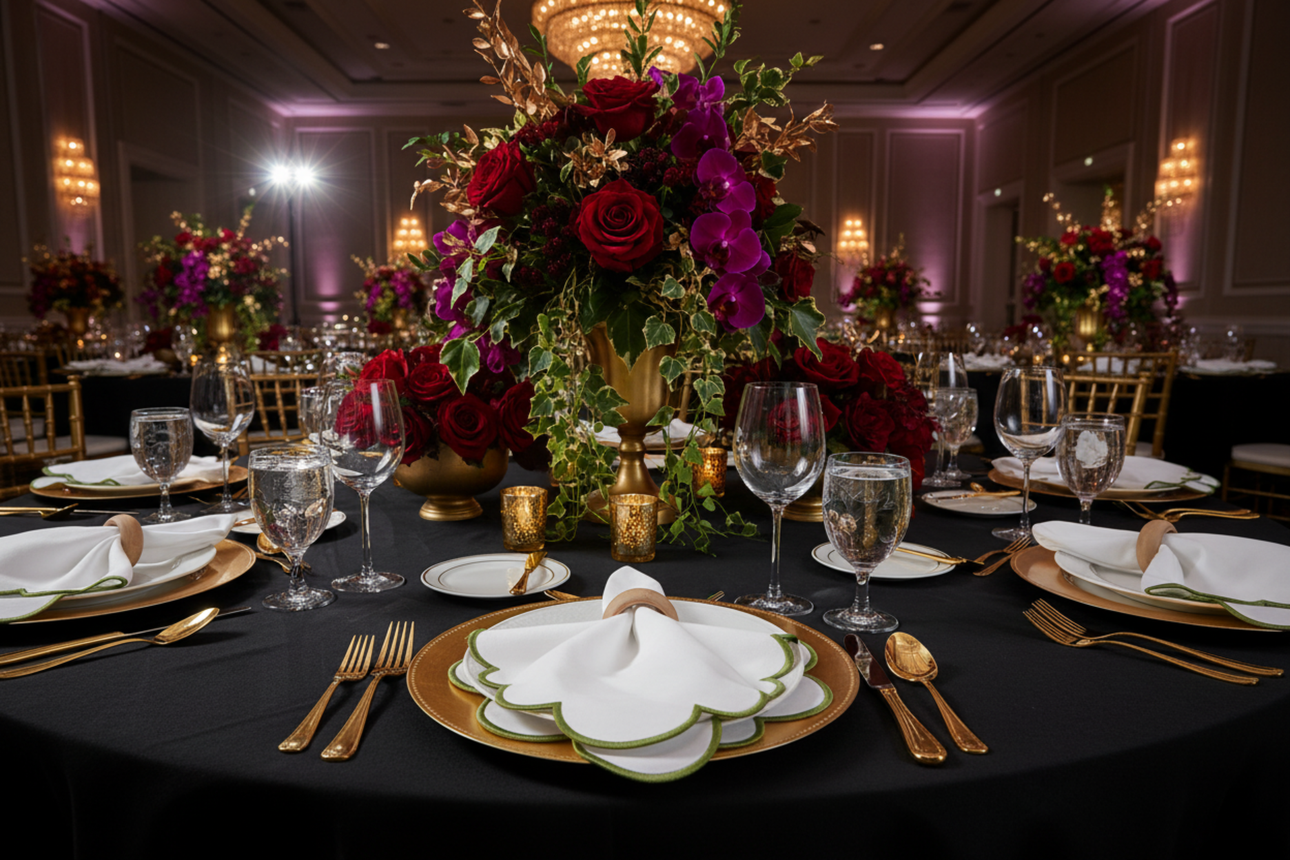 corporate gala banquet with 4 pc/pk Scalloped Edge Linen Napkin - White/Olive Green Trim