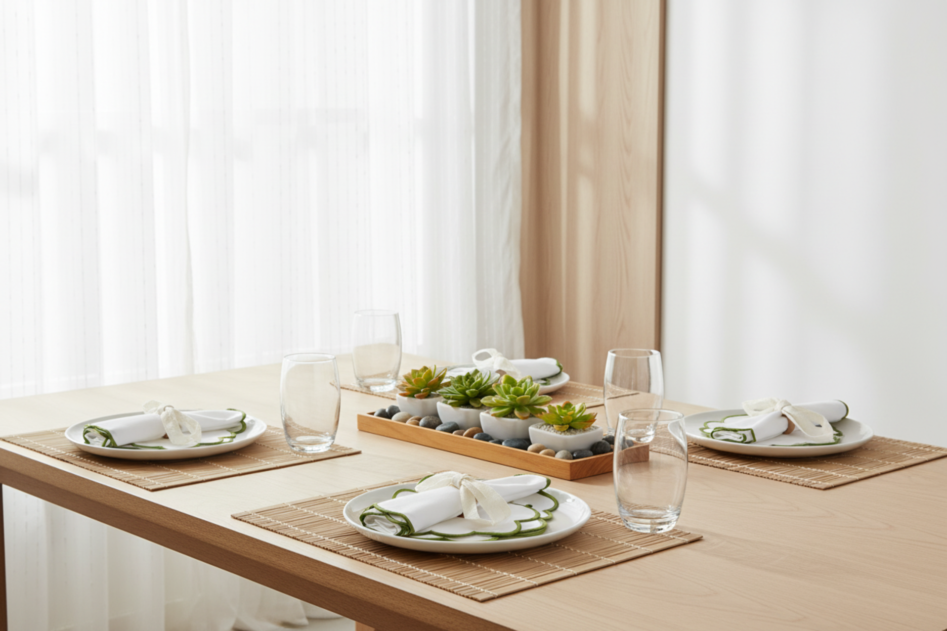 minimalist setup with 4 pc/pk Scalloped Edge Linen Napkin - White/Olive Green Trim