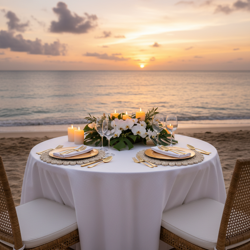beachfront romantic anniversary dinner table setup with 4 pc/set Flower Shape Straw 15" Placemats