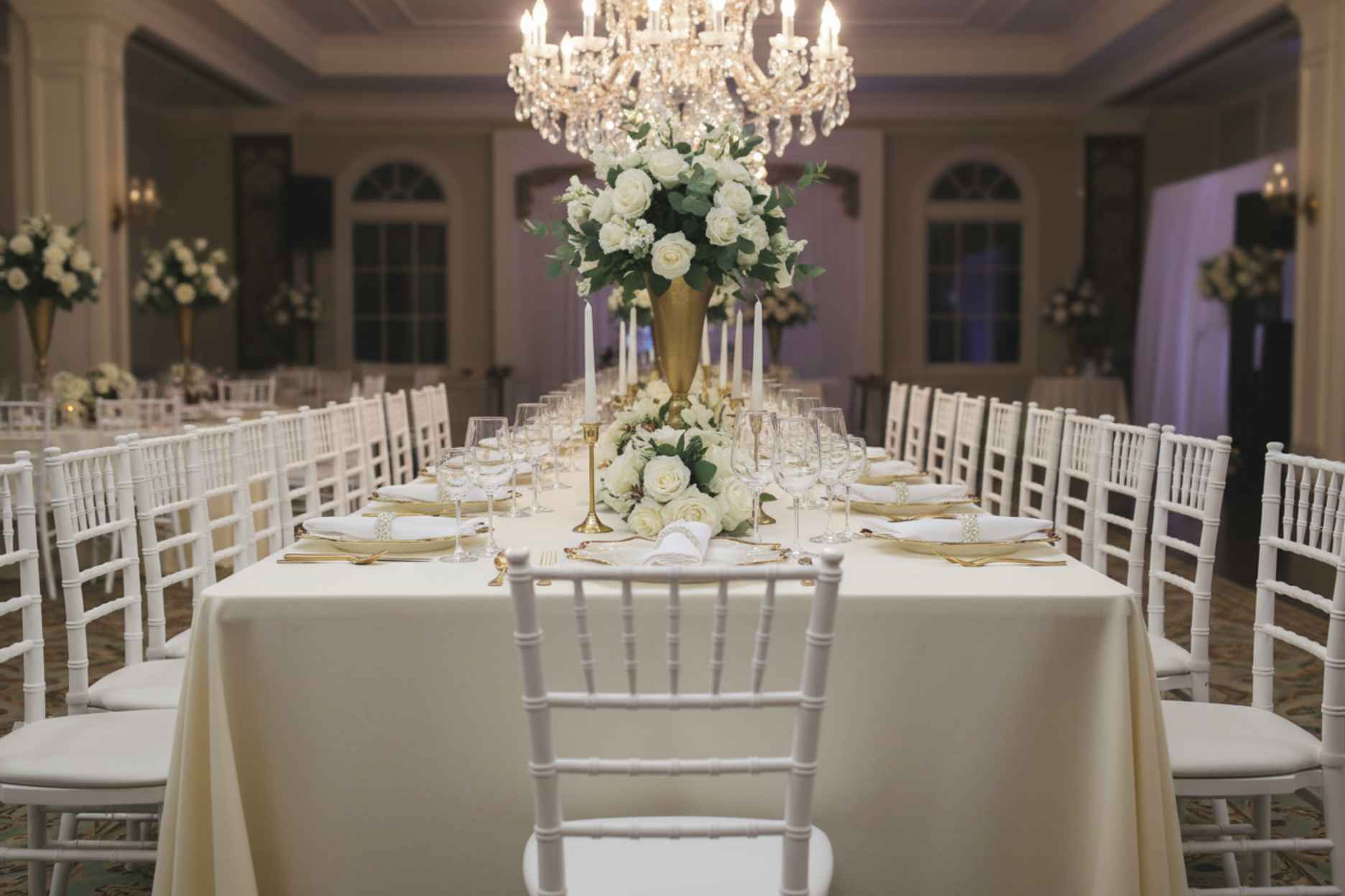 indoor wedding reception with 4 pc/set Lotus Scalloped Glass 13" Charger Plate - White Gold-Trimmed