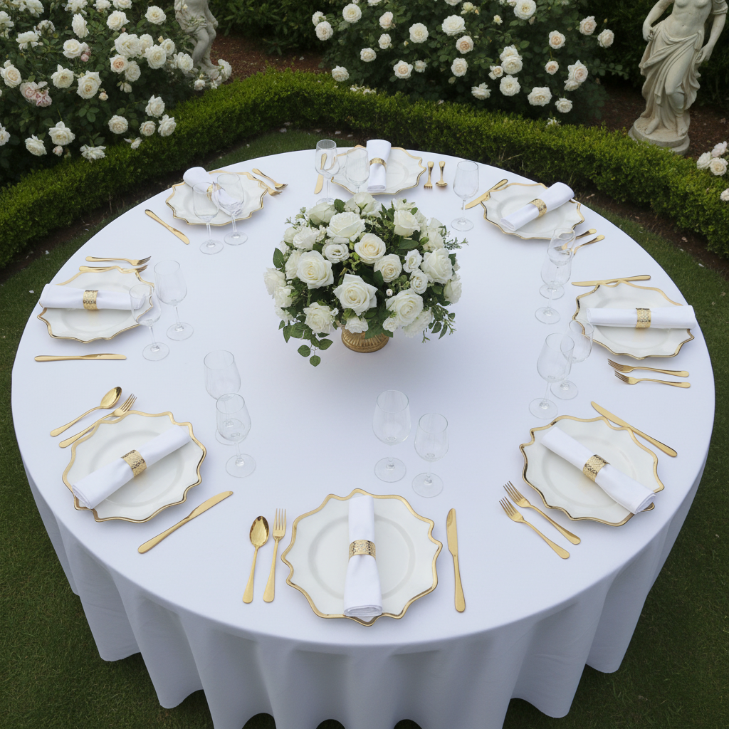 outdoor garden setup with 4 pc/set Lotus Scalloped Glass 13" Charger Plate - White Gold-Trimmed