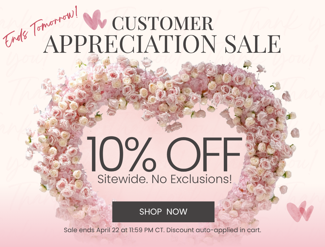 Customer Appreciation Sale banner with pink rose heart wreath offering 10% off sitewide; includes Shop Now button.