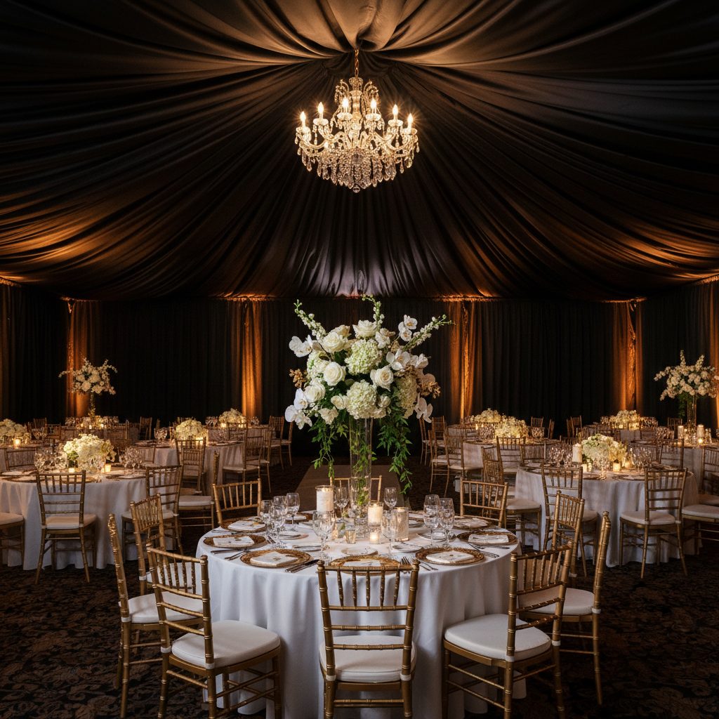 40 yds Satin Fabric Roll - Black ceiling draping for wedding reception with white tablecloth, gold charger plates and chiavari chair
