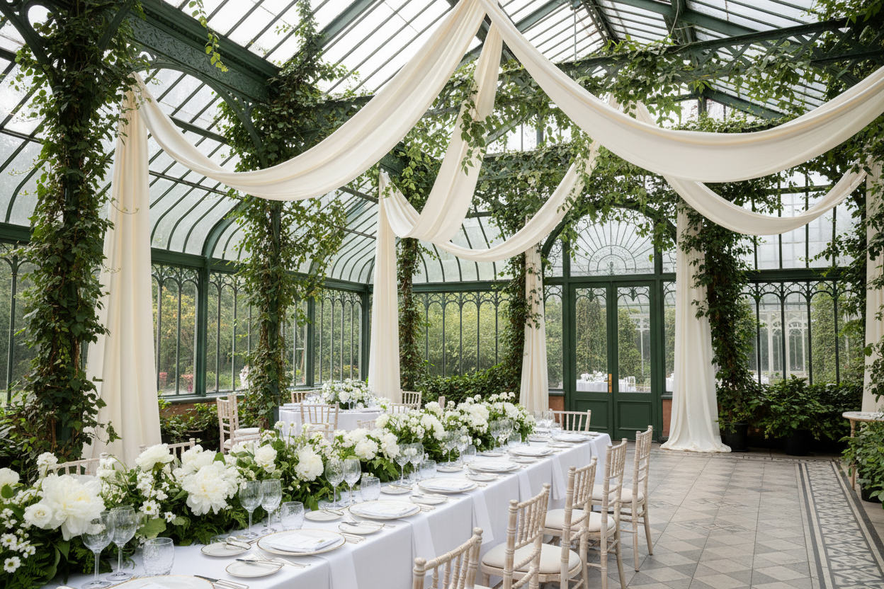 victorian greenhouse wedding reception with 40 yds Satin Fabric Roll - Ivory