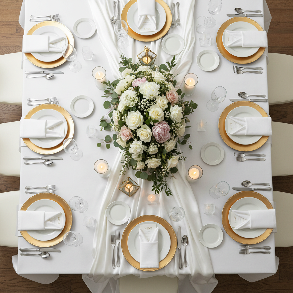 top view weddign setup with 40 yds Satin Fabric Roll - White