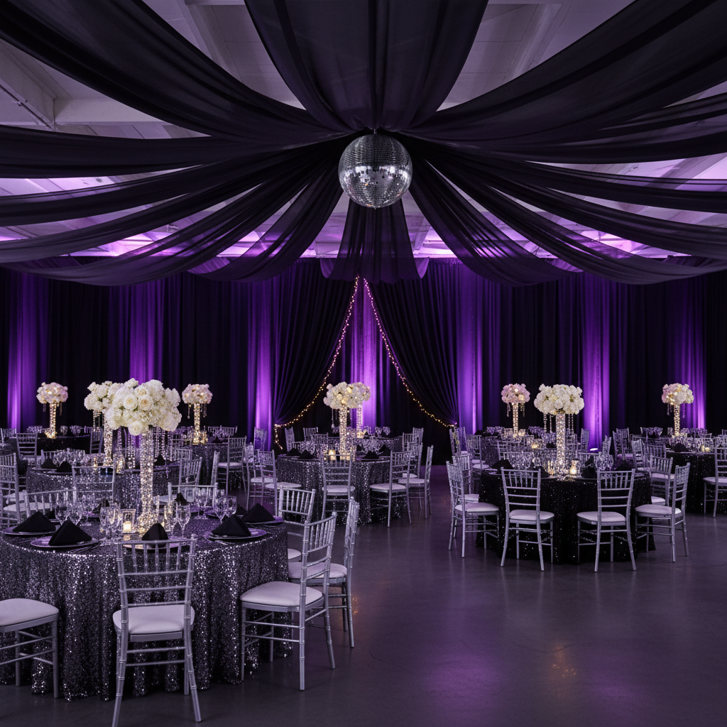 prom night reception with 40ft Ceiling/Curtain Draping Sheer Voile Flame Retardant (FR)  - Black