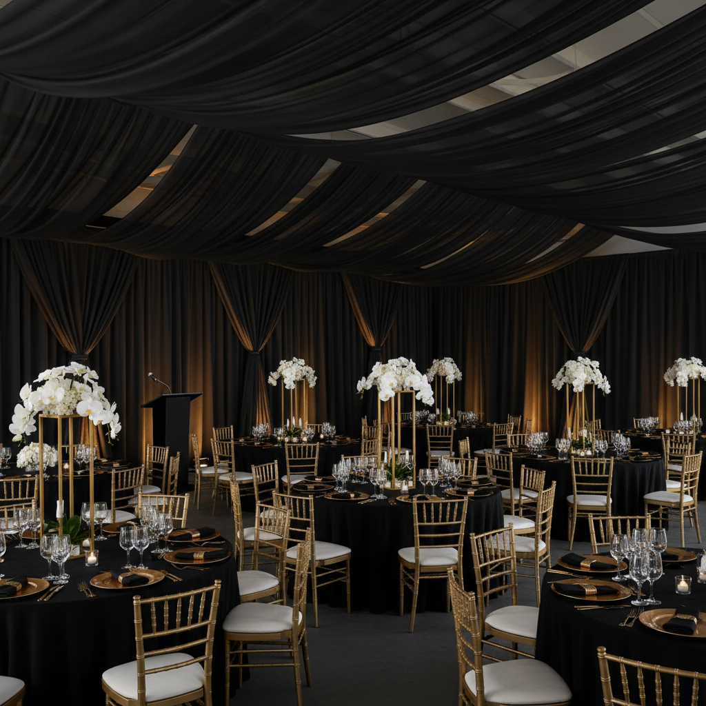 corporate gala with 40ft Ceiling/Curtain Draping Sheer Voile Flame Retardant (FR)  - Black
