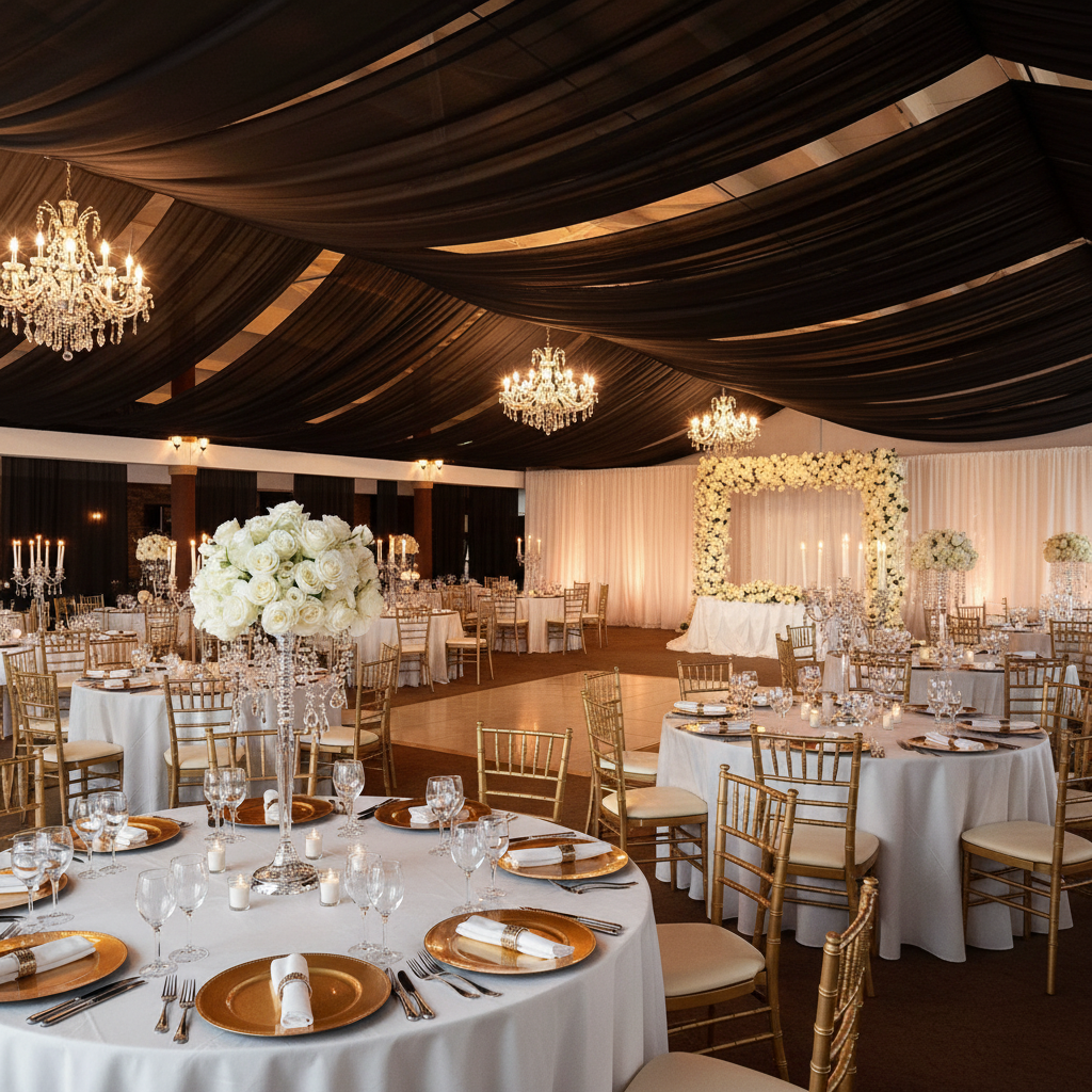 wedding reception with 40ft Ceiling/Curtain Draping Sheer Voile Flame Retardant (FR)  - Black