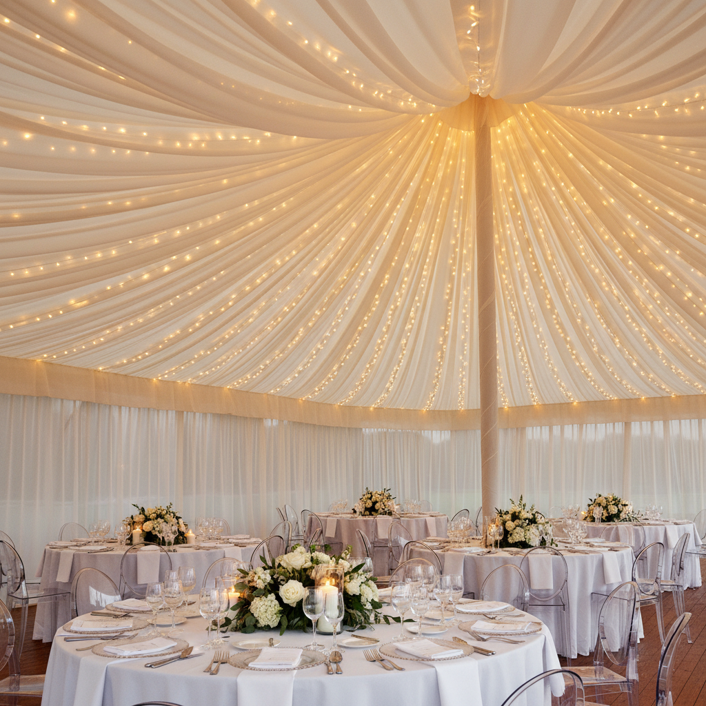 marquee tent draping with 40ft Ceiling/Curtain Draping Sheer Voile Flame Retardant (FR)  - Ivory