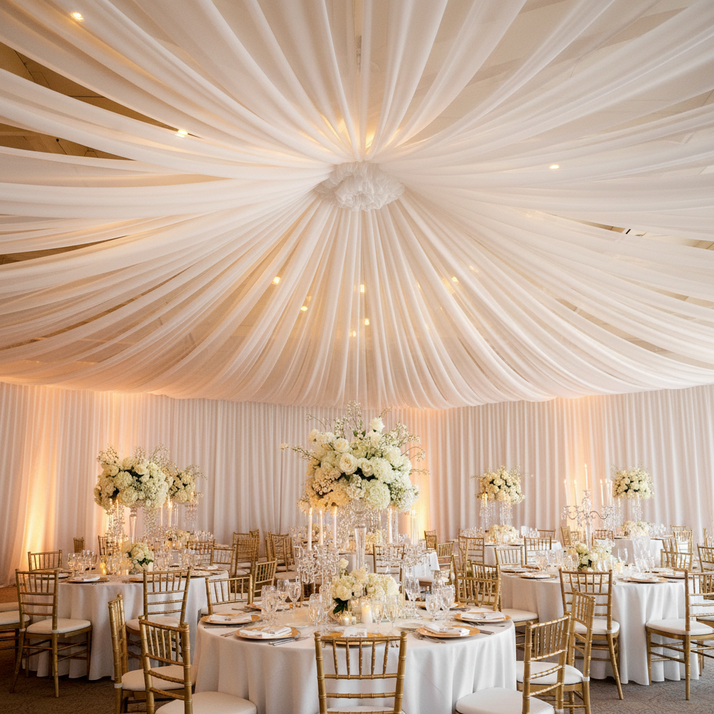 indoor ballroom ceiling draping with 40ft Ceiling/Curtain Draping Sheer Voile Flame Retardant (FR)  - White