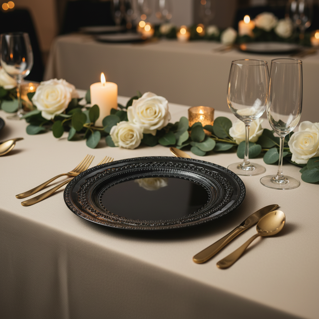 45 degree angled 2048x2048 – Black Lace Charger Plate on Cream