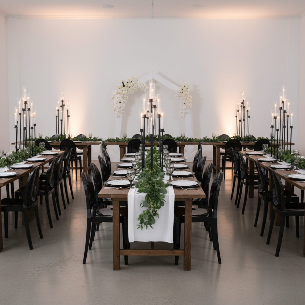 minimalist dinner setup with 48" Tall 10 Arm Candle Holder Candelabra Centerpiece - Black