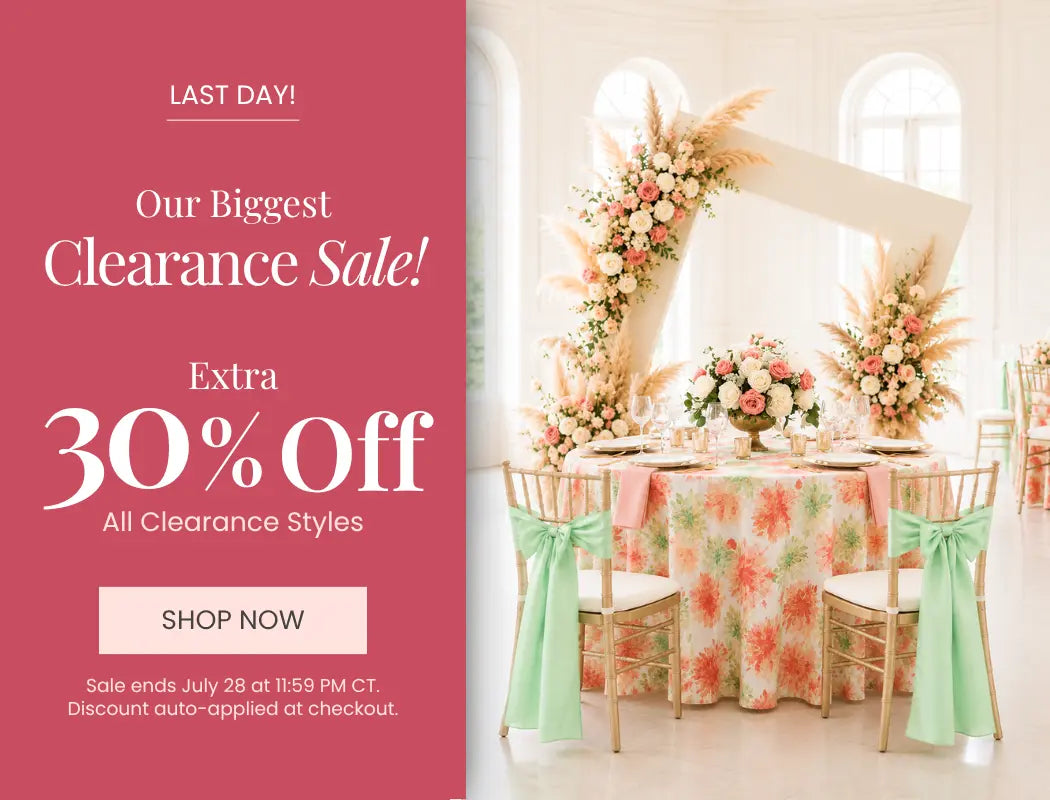 Pink banner: 'Last Day! Our Biggest Clearance Sale' with '30% off All Clearance Styles' beside a floral banquet table.