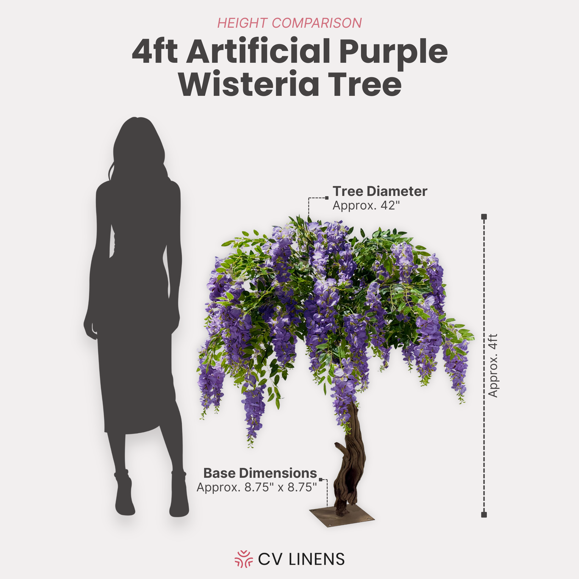 4ft Artificial Wisteria Tree Purple infographic showing dimensions and height comparison