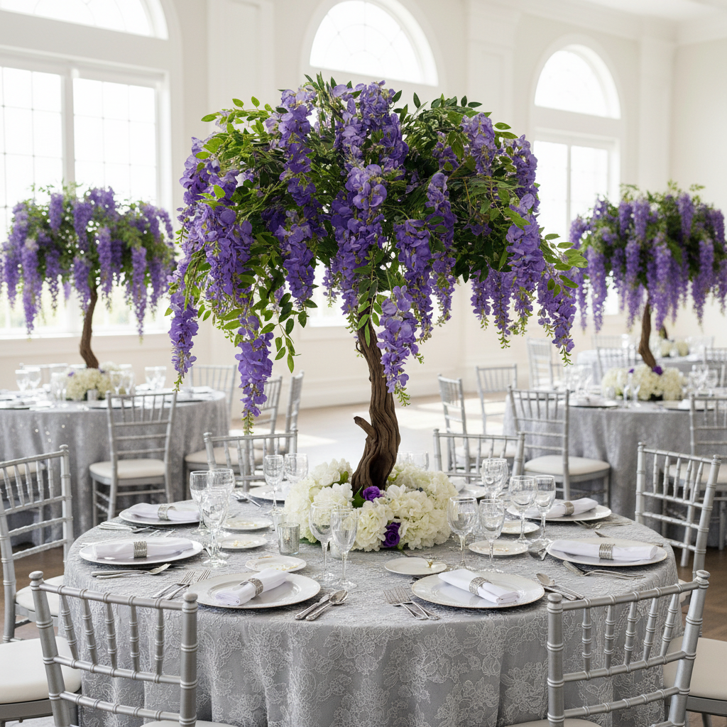 4ft Artificial Wisteria Tree Purple paired with silver chiavari chairs