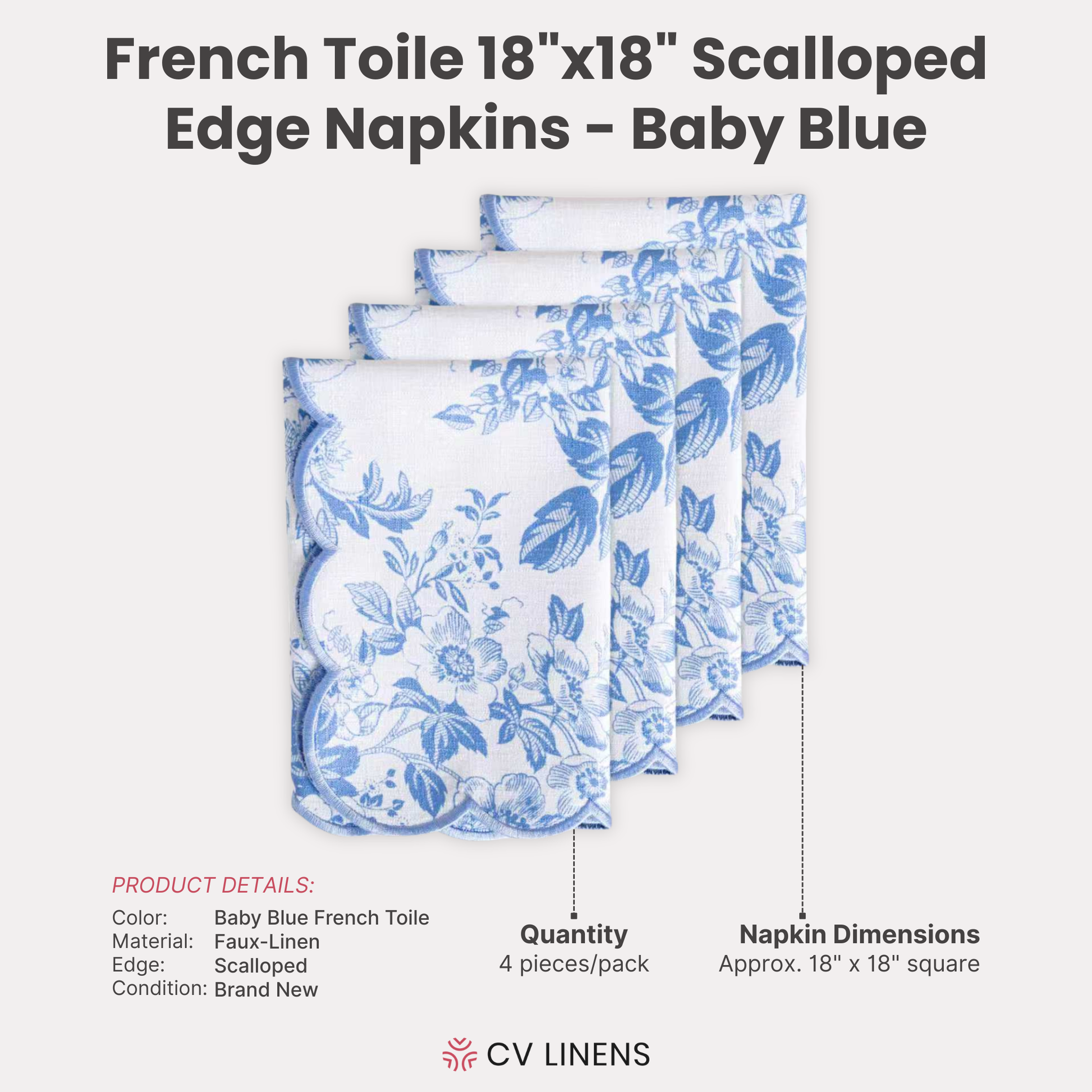 4pc Baby Blue French Toile napkins, 18x18 inches, scalloped edge, faux-linen, for elegant table settings
