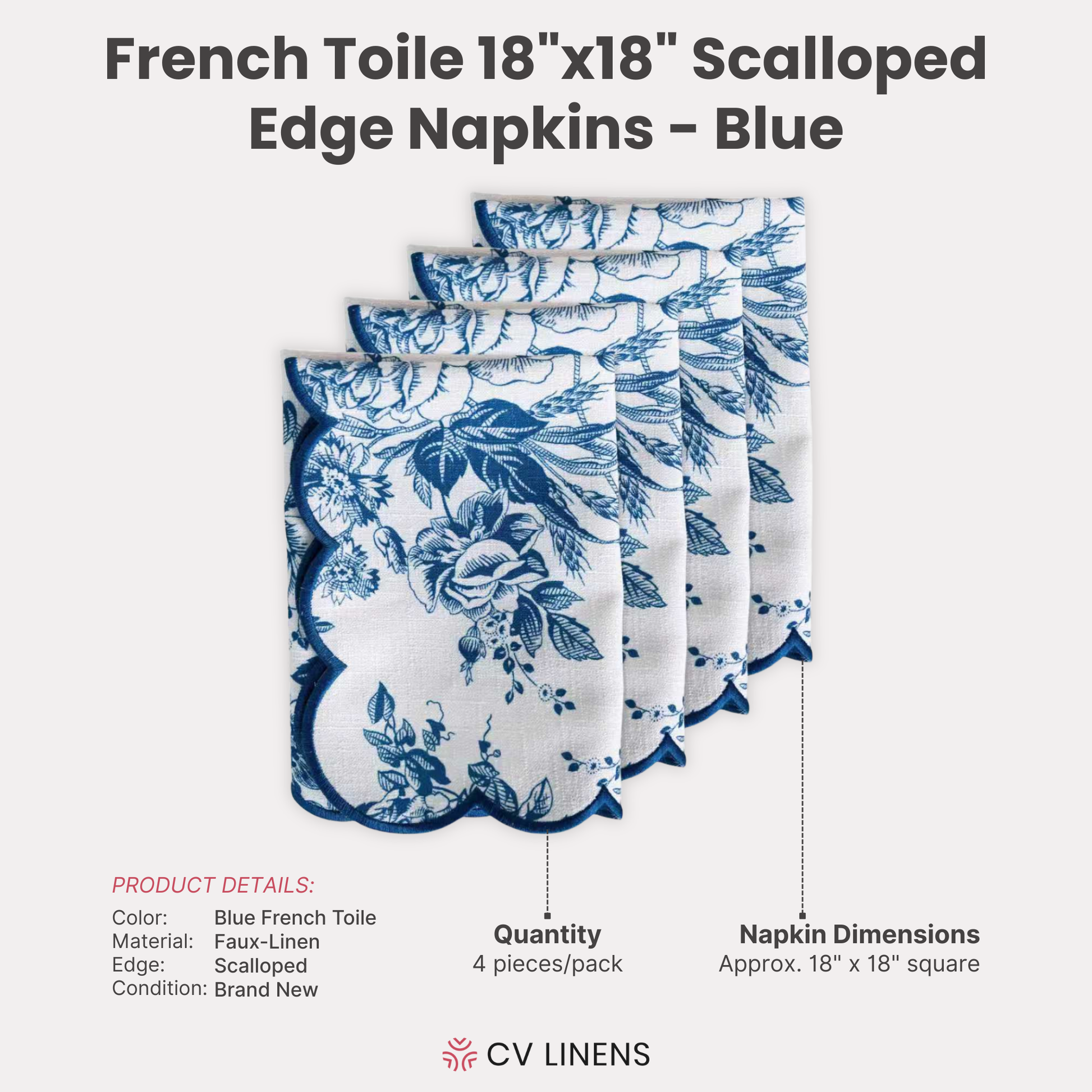 Blue French Toile 18x18 inch scalloped-edge napkins in faux-linen, 4-pack for elegant tabletop use