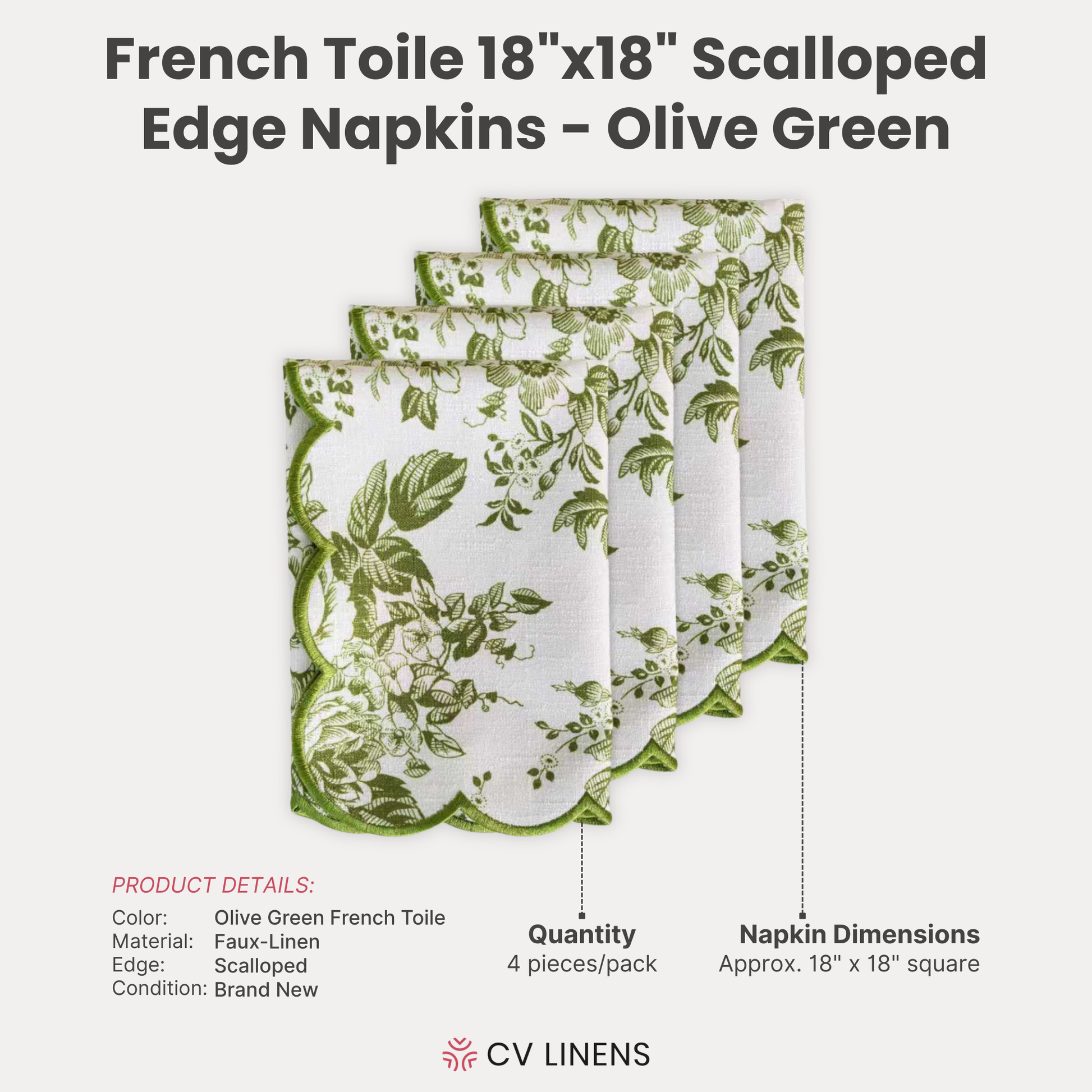 Olive Green French Toile napkins, 18x18 inches, scalloped edge, faux-linen, set of four