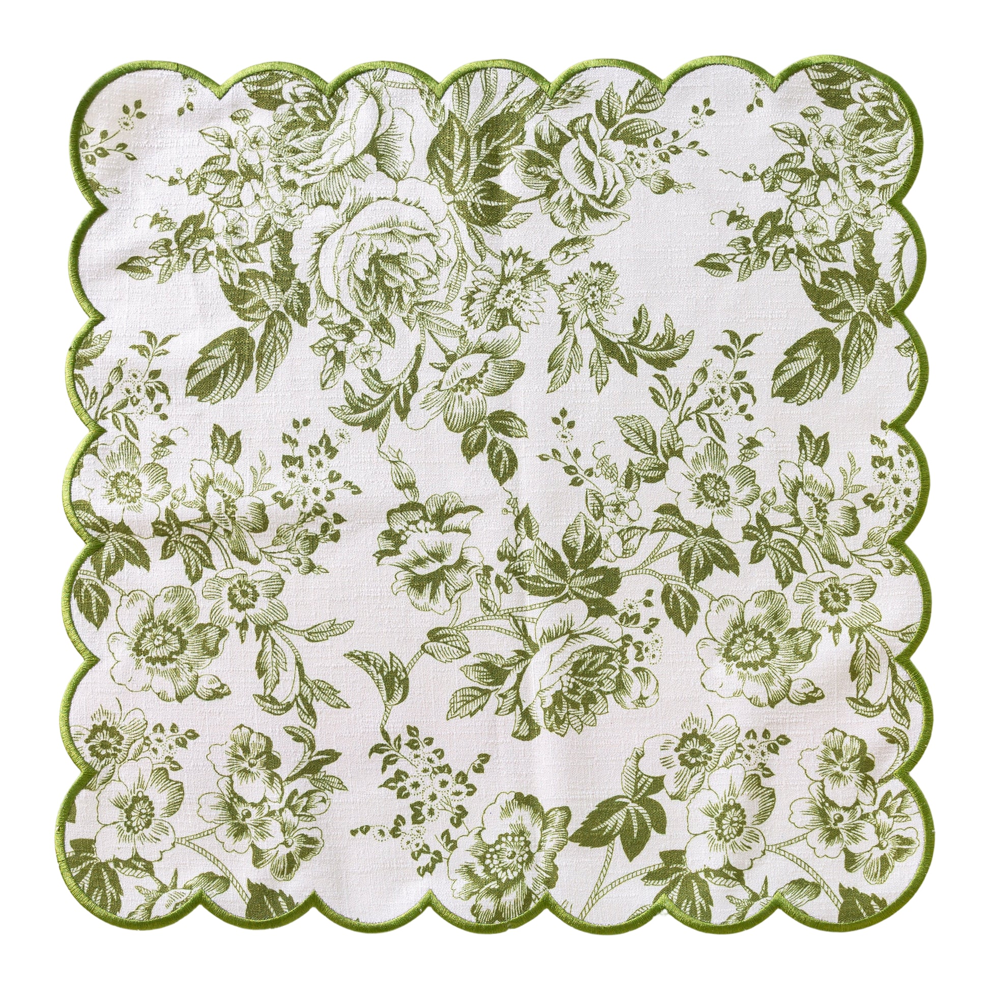 4 pcs/pk French Toile 20"x20" Scalloped Edge Napkins Olive Green flat view