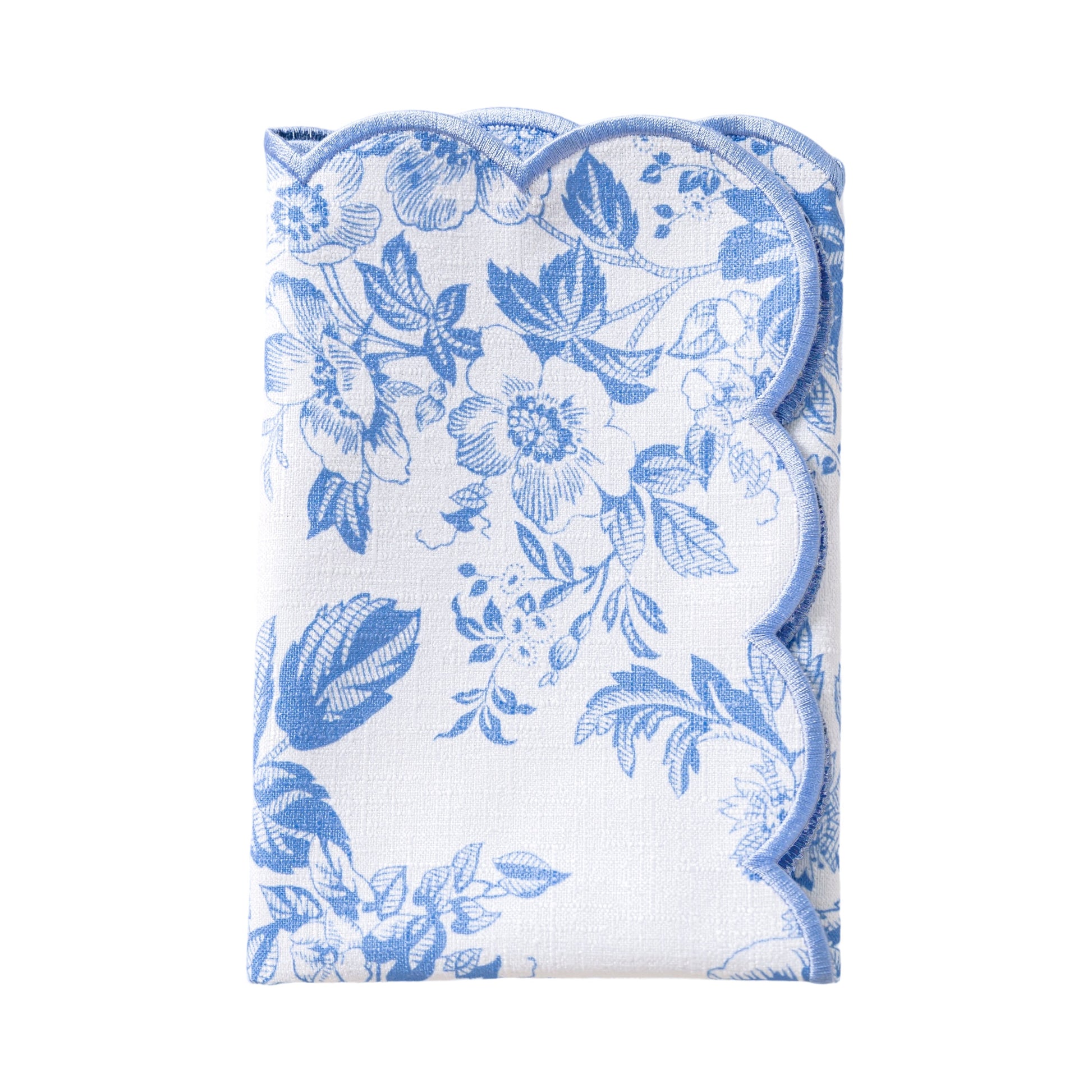 French Toile 18"x18" Scalloped Edge Napkins Baby Blue in a rectangular fold