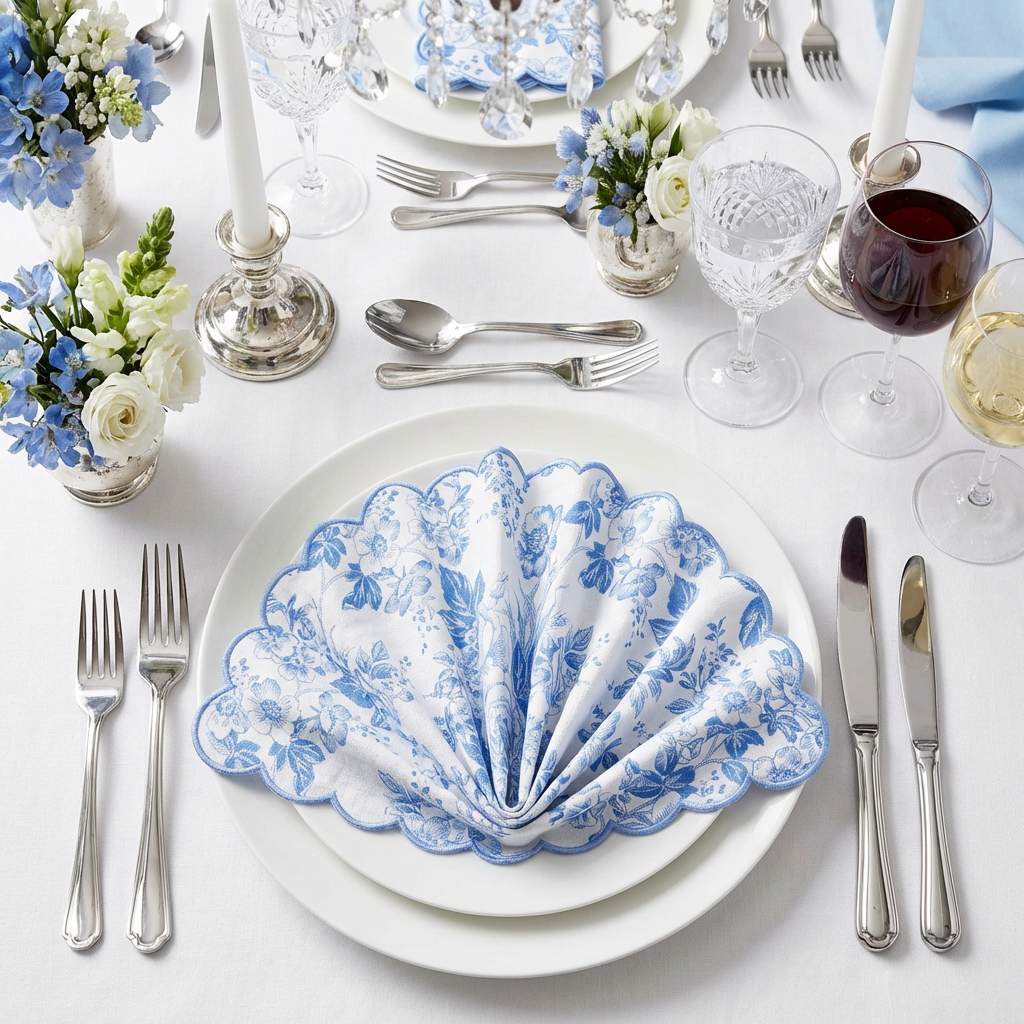 4 pcs/pk French Toile 18"x18" Scalloped Edge Napkins Baby Blue in a scallop fold on top of white dinner plates