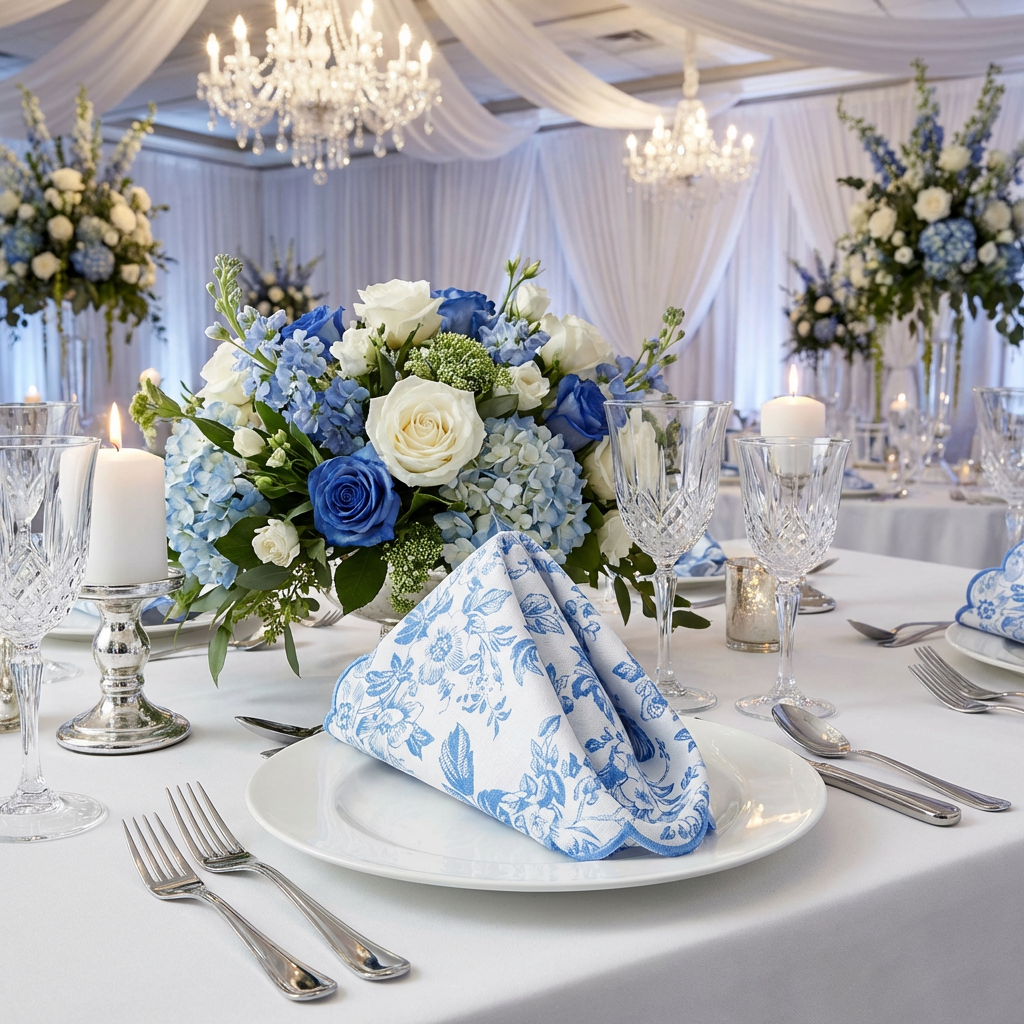 4 pcs/pk French Toile 18"x18" Scalloped Edge Napkins Baby Blue folded in a triangle on top a white dinner plate