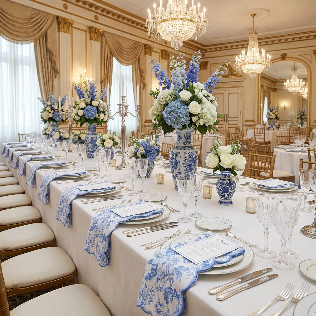 4 pcs/pk French Toile 18"x18" Scalloped Edge Napkins Baby Blue  on the white gold trimmed dinner plates, blue and white floral centerpieces