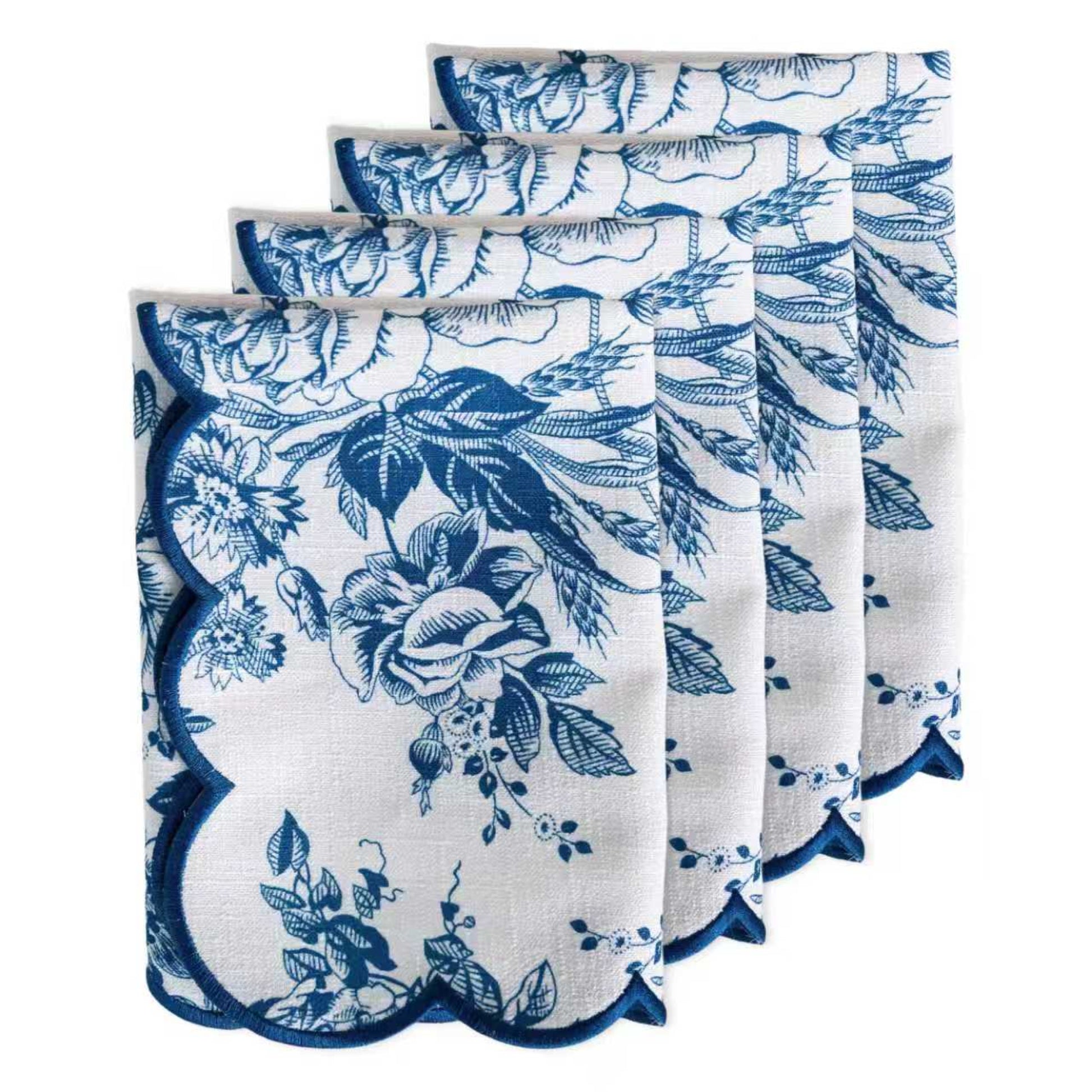 4 pcs/pk French Toile 20"x20" Scalloped Edge Napkins Blue bundle