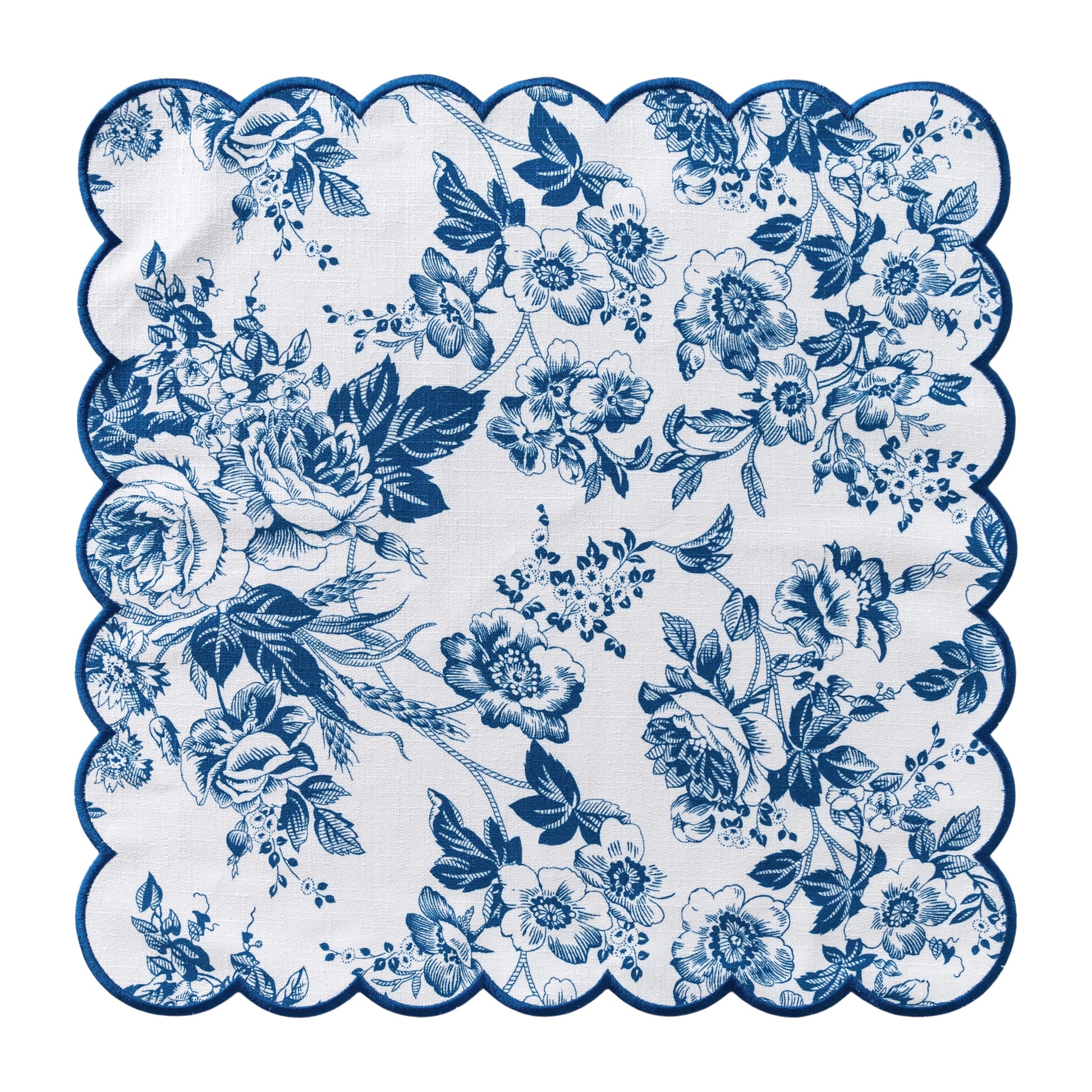 4 pcs/pk French Toile 20"x20" Scalloped Edge Napkins Blue  layed flat