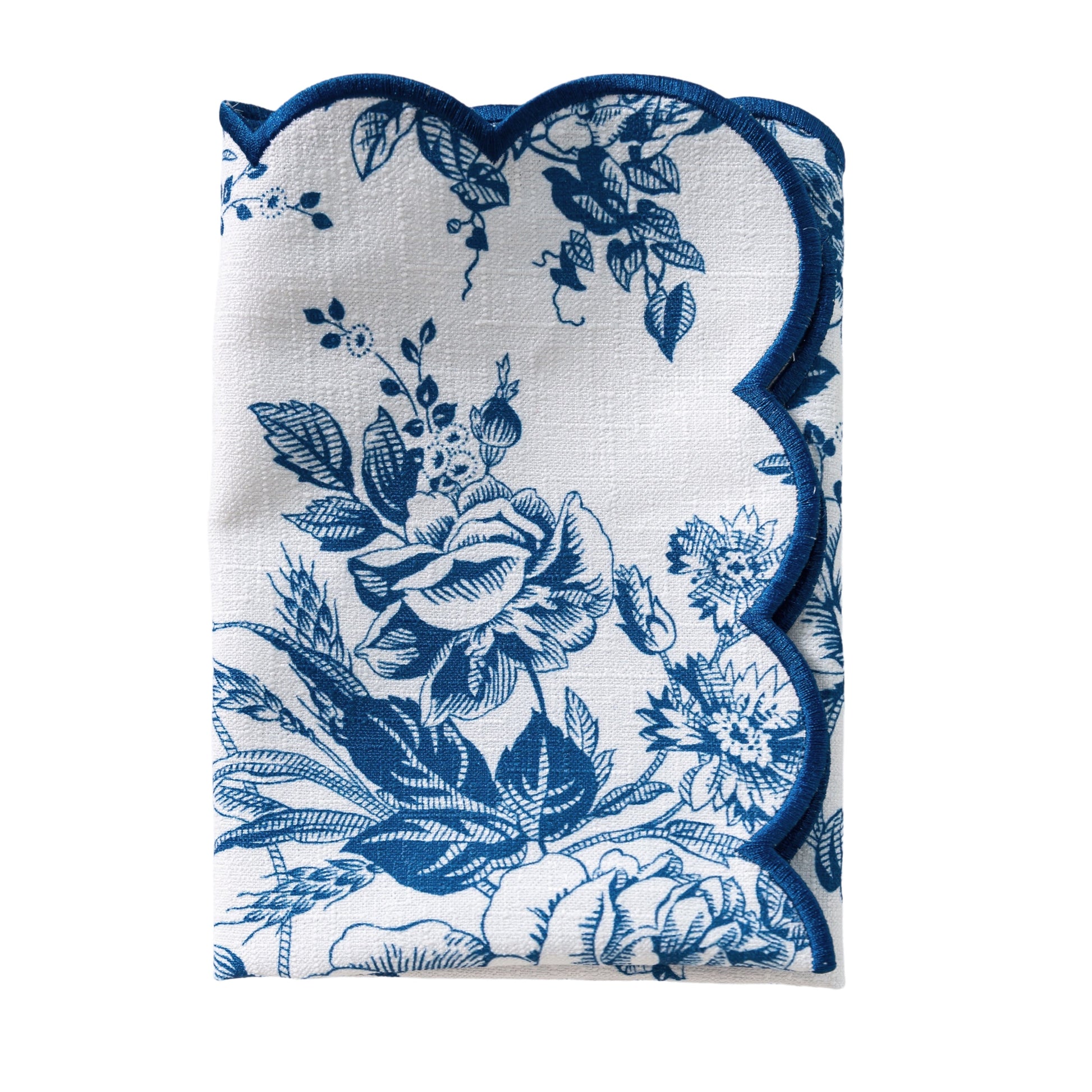French Toile 20"x20" Scalloped Edge Napkins Blue in a rectangular fold