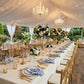 4 pcs/pk French Toile 20"x20" Scalloped Edge Napkins Blue  on the white gold trimmed dinner plates, floral centerpieces and gold chiavari chairs
