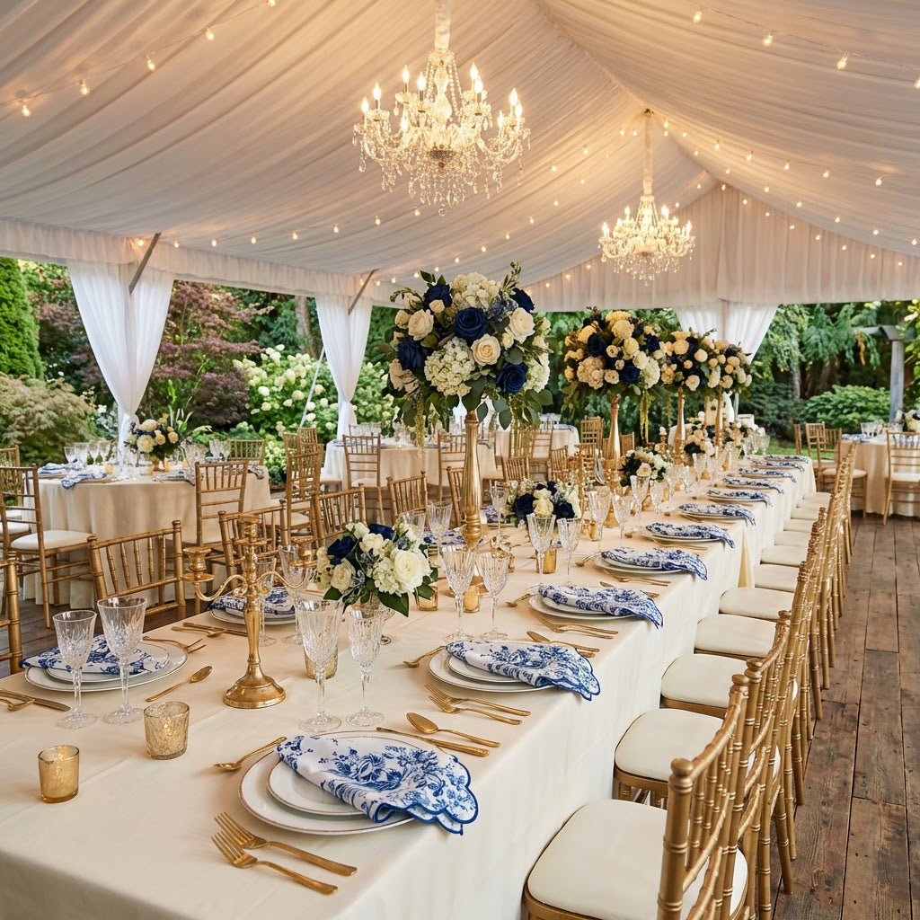 4 pcs/pk French Toile 20"x20" Scalloped Edge Napkins Blue  on the white gold trimmed dinner plates, floral centerpieces and gold chiavari chairs
